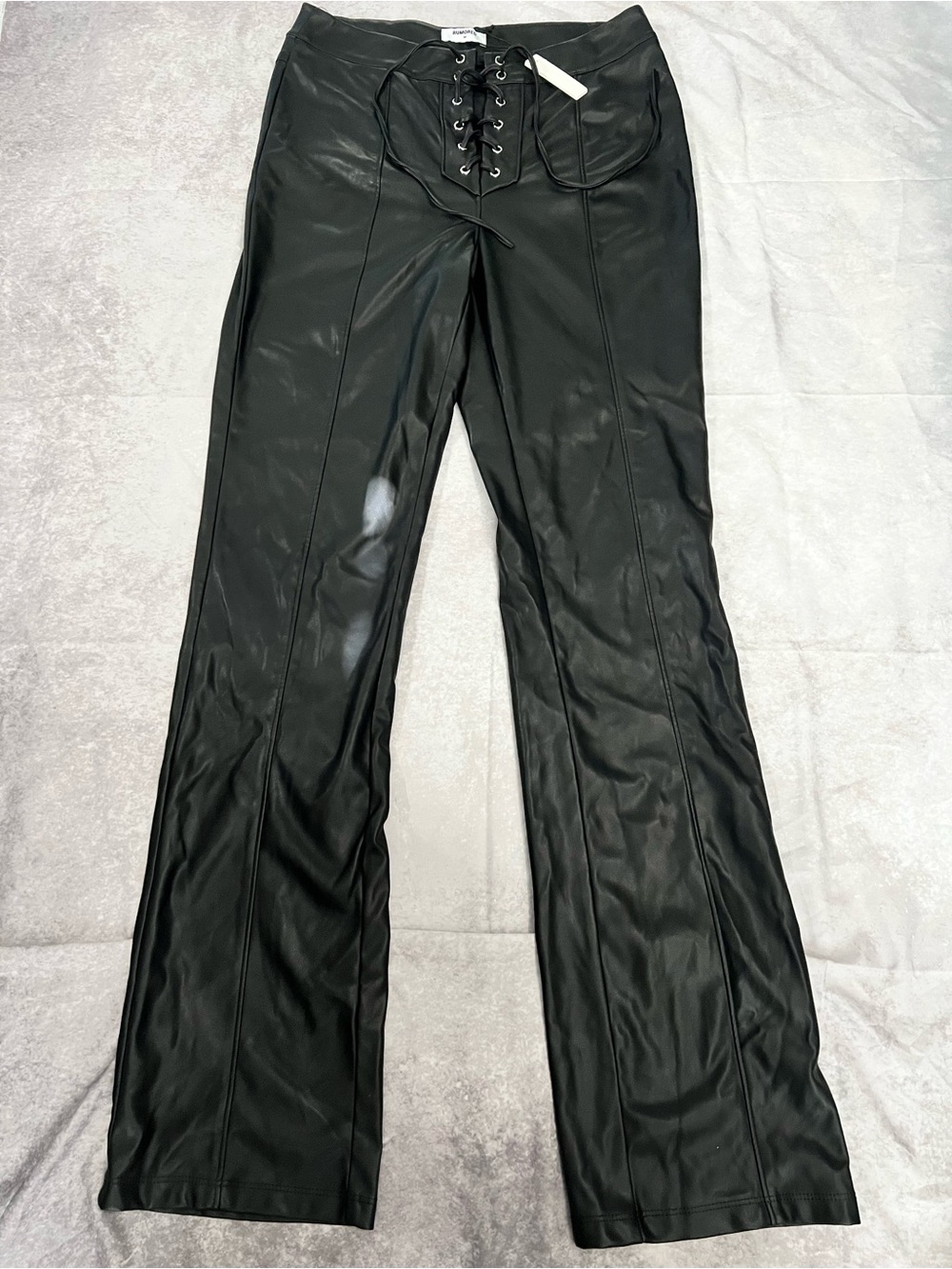 Rumored Black Faux Leather Bootcut Pants with Lace-Up Front